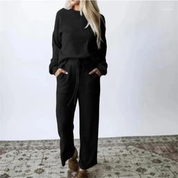 Women's Tracksuits Ribbed Set Solid Colour Long Sleeve Sweaters Tops Pants Two Piece Knitted Sweatsuit Matching Casual Loose Out