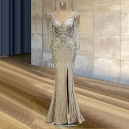 NEW!!! Glitter Mermaid Side Split Evening Dresses V Neck Long Sleeve Lace Appliqued Beaded Special Occasion Prom Gowns 2022 Plus Size EE