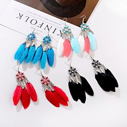 Vintage Flower Jhumka Feather Earrings For Women Tribal Long Tassel Earrings Beads Indian Hangers