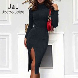 Jocoo Jolee Sexy Women Autumn Winter Turtleneck Knitted Long Dress Causal Long Sleeve Ribbed Bodycon Dresses Casual Split Dress 210518