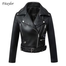 Fi Black Faux Leather Jacket Women Spring Autumn Short Soft Pu Leather Jackets With Belt Zipper Moto Biker Coat 211110