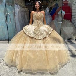 2021 Champagne Beaded Puffy Ball Gown Quinceanera Dresses Beads Sweet 16 Dress Pageant Gowns vestido de 15 anos XV