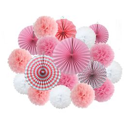 Baby Girl Boy Shower Party Favor 18pcs Pink Set Mixed Size Paper Crafts Kids Birthday Decor Hanging Paper Fan Pompom Ornaments 210408