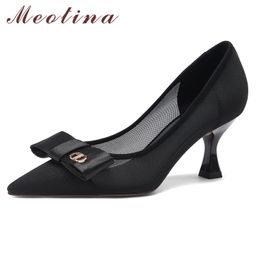 Meotina High Heel Women Shoes Pointed Toe Mesh Cutouts Pumps Bow Shallow Stiletto Heels Party Shoes Ladies Fashion Shoes 33-40 210520
