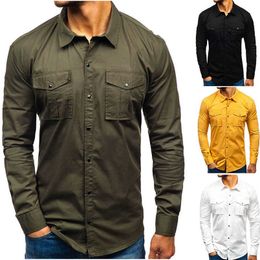 Autumn Winter Cargo Shirts Men Long Sleeve Solid Military Army Cotton Shirts Male Casual Man Clothes Brands 2021 Green Black P0812