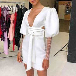 White Bodycon Dress Summer Women's Long Sleeve Party Dress Black Red Sexy Deep v Neck Backless Night Club Dress Outfits 210915