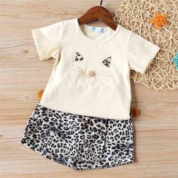 Summer Girls Clothing Set Fashion Cartoon Pattern Short Sleeve Top + Leopard Shorts Toddler Baby Clothes 210528