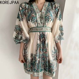 Korejpaa Women Dress Summer Korean Chic Ladies Retro Ethnic Print V-Neck Tie Bow Waist Single-Breasted Puff Sleeve Vestidos 210526