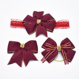 14sets navy Colour ribbon hair bows clips elastic head bands suit Aureate bowknot headwear Bud silk hair bands hair accessories