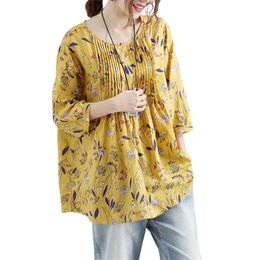 Design Plus Size Tops For Women Linen Cotton Shirt O-neck 3/4 Sleeve Loose Summer Casual Floral Print Blouse Femme 210608