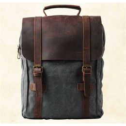 Vintage Fashion Backpack Leather military Canvas backpack Men women school bag bagpack rucksack mochila 210929