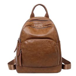 Vintage Women Backpack School Bags for Teenagers Girls Brand Designer Soft Pu Leather Backpacks Female Student Schoolbag Mochila Q0528
