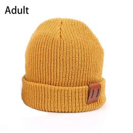 Baby knit Hats For Boys Girls Autumn Winter Beanie Knit Children Hats Parent-Child Hats Newborn with Leather Label Y21111