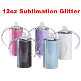 TWO LIDS! 12oz Sublimation Glitter Sippy Cups With Flat Lids & Handle Lid 5 Color Straight Kids Water Bottles Stainless Steel Glasses Double Insulated Mugs A12