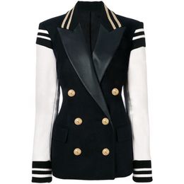 Patchwork Double Breasted Stripes Jacket Black Women Preppy Style Fashion PU Leather Splicing Lapel Neck Long Sleeve Sim Coat Plus Size Autumn Winter