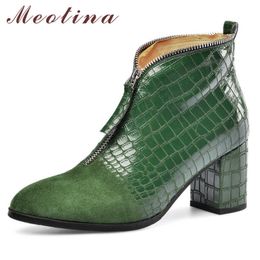 Meotina Autumn Ankle Boots Women Boots Zipper Chunky High Heels Short Boots Mixed Colors Round Toe Shoes Female Green Size 34-39 210608