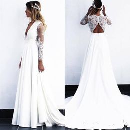 2022 Beach Wedding Dresses Bridal Gown Long Sleeves Sexy Deep V Neck Custom Made Plus Size Sweep Train Hollow Back Lace Applique A Line vestido de novia