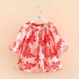 Summer 2-10 Years Sweet Cute Floral Print Half Flare Trumpet Sleeve Blouse Cotton Linen Baby Kids Girls Dress Shirt 210529
