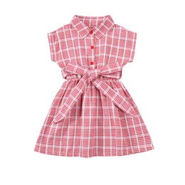 FOCUSNORM 1-6Y Summer Kids Girls Lovely Dress Plaid Printed A-line Knee Length Bow Belt Dress Q0716