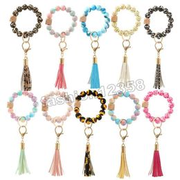 Handmade stretched silicone beads Key Rings bangle keychains silicone tassel wristlet bracelet keyrings 10 styles