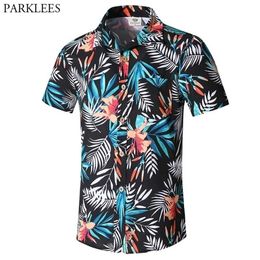 Fashion Leaves Print Hawaiian Beach Shirt Men Summer Fashion Mens Tropical Aloha Shirts Mens Holiday Vacation Chemise Homme 210522