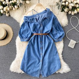 Neploe Turn Down Collar Short Sleeve Single Breast Dress Women High Waist Hip Sashes Vestidos Spring Slim Robe Ol 210510