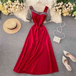 Women Fashion High Waist Thin Retro Split Dress Lady Short Sleeve Elegant Vintage Vestidos L178 210527