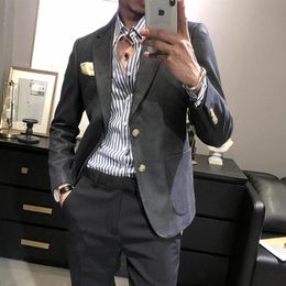 -Летние повседневные Blazer Men Set Slim Fit Trend Куртка Корейский полосатый костюм Sport Weste Homme Luxe Parting EG50JK Мужские костюмы Blazers