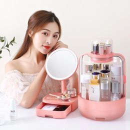 Fashion LED Light Makeup Box HD Mirror Make-up Storage Desktop Organiser Transparent Cosmetic Case Two Oiece Set With Boxes & Bins