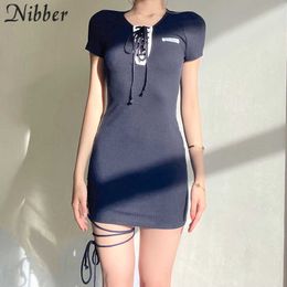 Nibber Ladies Summer Sexy Casual Slim Thin Knit Dress With Tie Design on Chest and Thighs Hot Street Hot-selling Style 2021 Y0726