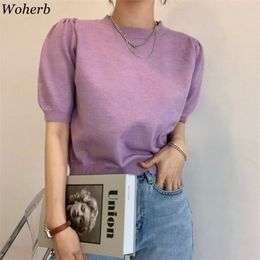 Solid Slim Short Puff Sleeve Pullover Basic Elastic Tops Women Clothe Summer Thin Elegant Knitted Femme Sweaters 210519