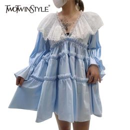 Sweet Patchwork Lace Dress For Women V Neck Lantern Long Sleeve Loose Hit Color Mini Dresses Female Summer 210520