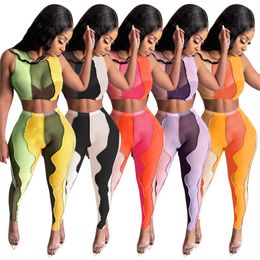 Summer Clothes Wholesale Tracksuits Women Sleeveless Tank Top+leggings Two Piece Set Mesh outfits Casual Matching Set Sheer sportswear 6940
