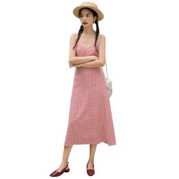 Plaid Spahetti Strap Red Chiffon Dress Sexy Female Long Vacation Beach Plus Size Summer Backless Bowtie Vestido 210601