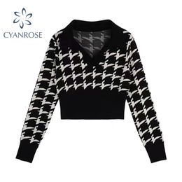 Fashion Houndstooth Women's Cropped Pullover Sweaters V Neck French Vintage Female Long Sleeve Sweater Jumpers Knitwear Top 210417