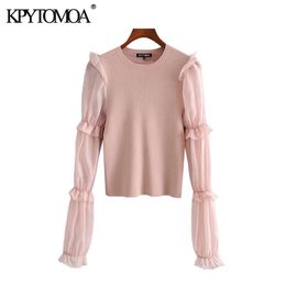 Women Chic Fashion Organza Patchwork Knitted Sweater See Through Sleeve Ruffle Stretch Pullovers Tops 210420
