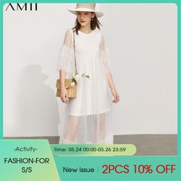 Minimalism Summer Women's Dress Holiday Lace Patchwork Oneck Aline Ankel-length Beach 12180049 210527