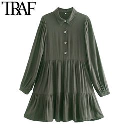 Women Chic Fashion With Buttons Pleated Mini Shirt Dress Vintage Lapel Collar Long Sleeve Female Dresses Vestidos 210507