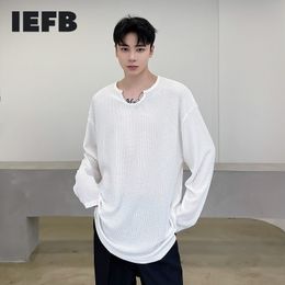 IEFB Spring And Summer White High-grade Waffle U-neck Niche Design T-shirt For Men Base Long Sleeve Tee Tops 9Y6834 210524