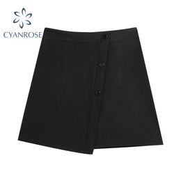 Black Irregular Spliced Buttons Crop Skirts Women High Waist Korean Elegant Mini Skirts Office Ladies Work Clothes Female 210417