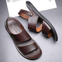 2024 New Fashion Vintage Men Shoes Cow Leather Soft Breathable Casual Flats Summer Beach Sandals Slippers Flip Flop Black