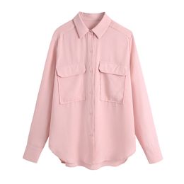 Elegant solid pink women's blouse summer Pockets fashion casual shirt for lady Lapel streetwear straight female 210430