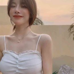 Lace Stitching Knit Crop Tops Spaghetti Strap Tanke Top Off Shoulder All-match Camisole Sleeveless Solid Color Camis for Women 210529