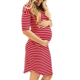 2021 New Summer Maternity Dresses Fashion Womens Pregnants O-Neck Stripe Short Sleeve Nursing Maternity Dress Y0924