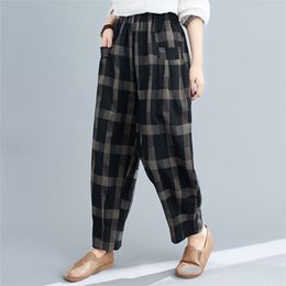 Spring Autumn Arts Style Women Elastic Waist Loose Vintage Pants Cotton Linen Plaid Casual Harem Plus Size S46 210512