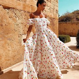 Boho Off Shoulder Cherry Print Dress Women Sexy Slash Neck Maxi Dress Summer Beach Short Sleeve Long Dress vestidos 210514