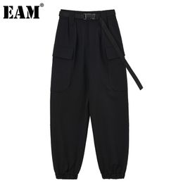 [EAM] Vita alta elastica Tasca nera con telai Pantaloni lunghi stile harem Pantaloni larghi Moda donna Primavera Autunno 1DD6682 21512