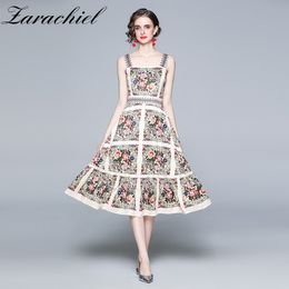 Summer Designer Runway Vacation Beach Women Spaghetti Strap Slash Neck Backless Floral Print Holiday Midi Dress 210416