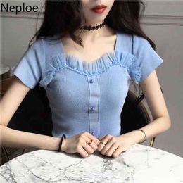 Neploe Spring Knitted T Shirt Korean Elegant Square Collar Tees Short Sleeve Slim Pull Femme Female Tops 1A493 210623