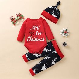 3pcs Baby's Sets Letter Long Sleeves Romper Cartoon Printed Trousers Hat Toddler Girls Boys Spring Autumn Christmas 0-24 Months G1023